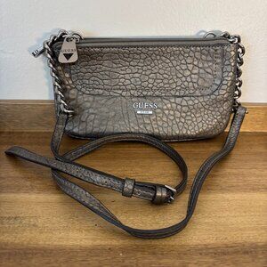 Guess Metallic Silver Faux Leather Crocodile Pattern Crossbody